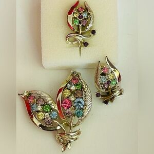 Coro Multi-Color Rhinestone Leaf Brooch and Clip Earrings